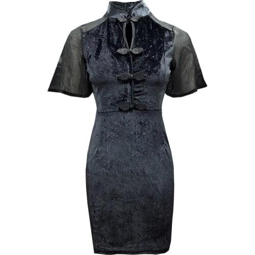 ZC3434 2021 summer new women fashion sexy temperament elegant retro chiffon stitching wrap buttock cheongsam dress