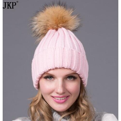 Natural Raccoon Pompom Knit Cotton Cap Womens Top Twisted Dot Wool Womens Hat Girls Autumn Winter Hat Headdress ZZ-01