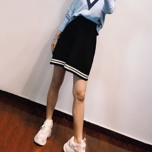 Patads French womens spring and summer color contrast irregular high waist knitted womens A-shaped skirt j20145e