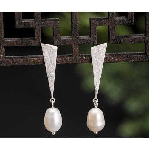 925 Sterling Silver Simple personality geometric pearl triangle earrings female temperament fashion rice bead earrings gift