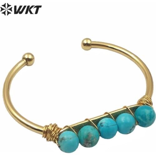 WT-B488 beautiful green turquoises round beads Bracelet gold wire wrapped bangle women joker charm Bracelet Jewelry браслет