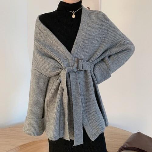 2021 New Autumn Winter Casual Knitwear Cardigan Mujer Women Lace Up Loose Knitted Sweater Top Femme Vintage Outwear Pull Femme