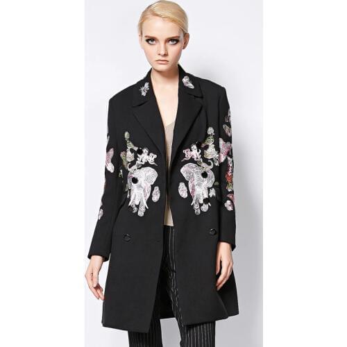 Long Coat 2017 Autumn Winter New Fashion Good Womens Elegant Long Sleeve Animals Owl Embroidery Black Long Jakcet