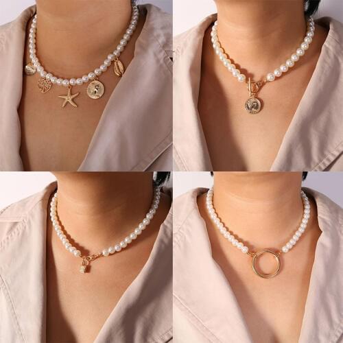 KMVEXO Bohemian Shell Head Lock Round Simulated Pearl Beaded Choker Necklace for Brides Women Female Bridal Wedding Jewelry Gift