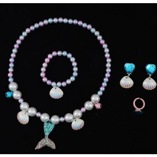 2/5Pc Kids Girl Mermaid Taile Pearl Shell Pendant Necklace Bracelet Ear Clip Ring Set Party Girl Birthday Gift Mermaid Accessory