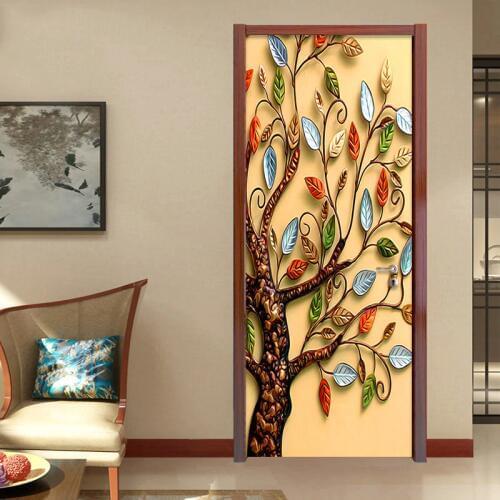3D Stereo Relief Colorful Tree Photo Wall Mural PVC Self-Adhesive Waterproof Door Sticker Wallpaper Living Room Study Art Decor