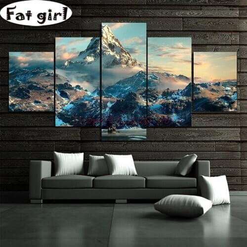 5 Panel 5D Diy Natural Scenery Poster Art Diamond Painting Mountains clouds Mosaic Cross Stitch Embroidery Full Drill Home Decor