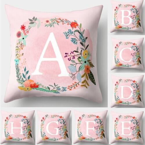 English Letter Floral Printed Pink Pillow Cases Polyester Peachskin Cushion Covers for Sofa Home Decoration 45x45cm