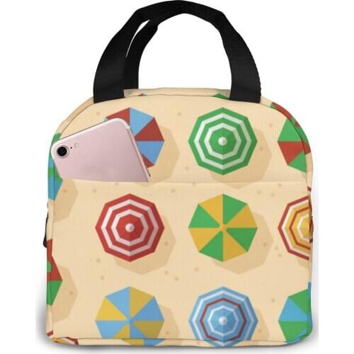 Colored Beach Sun Umbrellas Pattern Cooler Bag Portable Zipper Thermal Lunch Bag Convenient Lunch Box Tote Food Bag