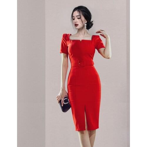 Summer Dresses Elegant Vintage Office Ladies Red Women Dress Bodycon Bandage Midi Wrap Sundress Slim Party Sexy Korean Clothes