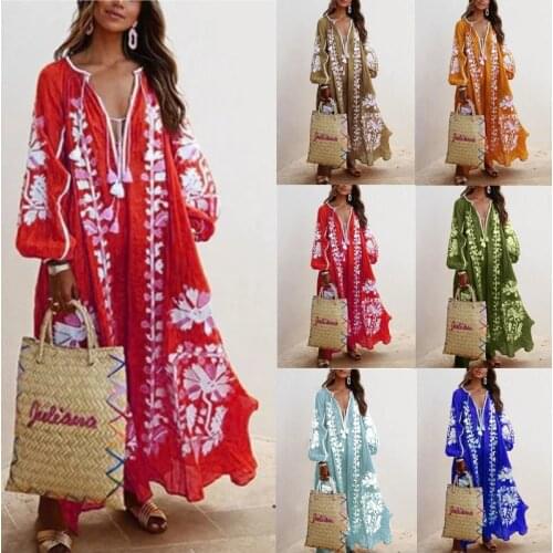 Summer v-Neck Sundress tassel Women Bohemian Dress Short Puff Sleeve Dresses Elegant floral Printed Long Vestido Robe Sarafans