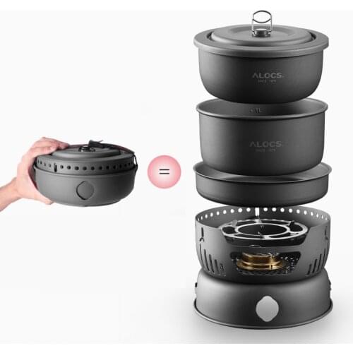 ALOCS 2-4 Person Outdoor Cookware Camping Alcohol Stove Cook Set for Camping Hiking Picnic Stove with Gripper Pot
