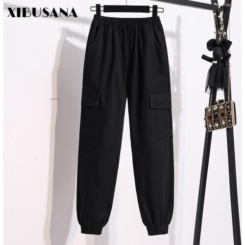 NIJIUDING Women Cargo Pants 2020 Autumn Female Solid High Waist Loose Elastic Waist Tie Feet Ankle Length Pant Casual Streetwear