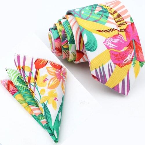 New Arrival Mens Floral Tie Set 100% Cotton 6cm Slim Necktie Pocket Square Chic Flower Print Cravat Fashion Wedding Accessories