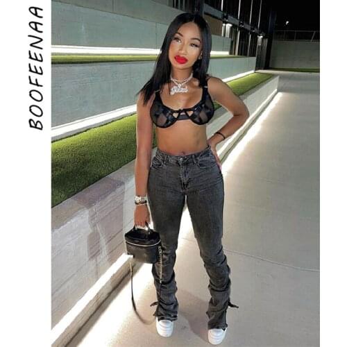 BOOFEENAA Sexy Split Stacked Skinny Jeans Woman High Waist Denim Trousers Streetwear Gray Pencil Pants Bottoms Womens C83-FZ56