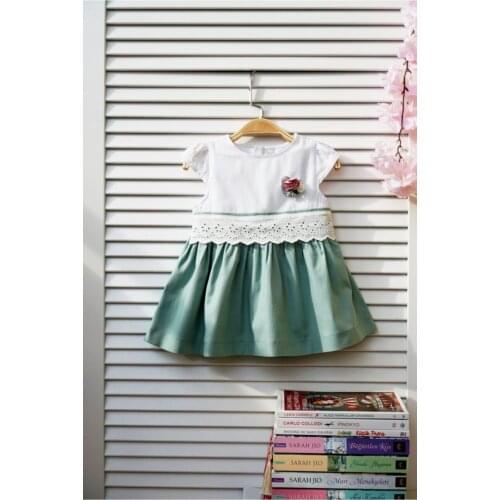 Baby girl Green White Broşlu Ruched Dress Linen Zipper Mini Solid Color Short Sleeve Woven Trend Round Neck