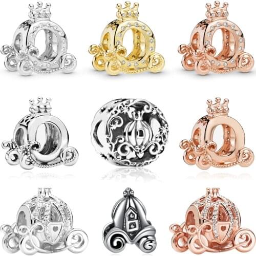 Fit Original Pandora Charms Bracelet Women Cartoon Rose Silver Color Crown O Cinderella Pumpkin Car Beads for Jewelry Making DIY