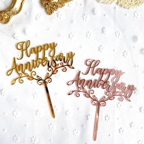 Rose Gold Happy Anniversary Cake Topper Flowers Mirror Acrylic Cupcake Toppers For Wedding Anniversary Party Cake Decorations