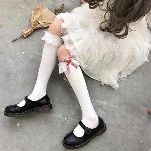 Sweet Girls Strawberry Plaid Bows Long Socks Lolita Kawaii Ruffled Lace JK Anime Cotton Hosiery Stocking B1827
