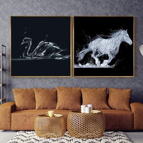 Modern Wall Art Decor for Living Room Abstract Black and White Crystal Horse Swan Whale Canvas Art Painting Animal Poster Print