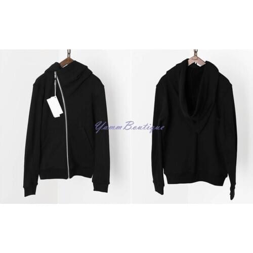 Drkshdow Women Avant Garde Asymmetric Pointed Hood / Black Zip Collar Cotton Fleece Hood Sweatshirt /Glove Sleeve oversize hood