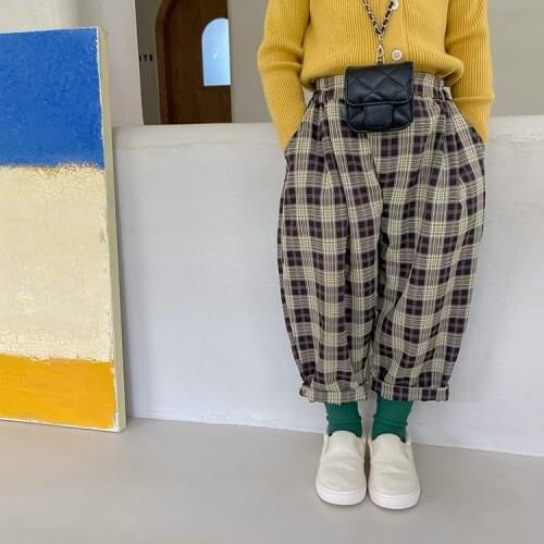 Girls Spring Autumn loose plaid casual trousers kids thin cotton fashion all-match 2 colors pants