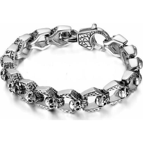 Vintage Skull Bracelet Punk Rock Men Heavy Stainless Steel Mens Biker Skeleton Bracelets Gothic Jewellery Halloween Accessories