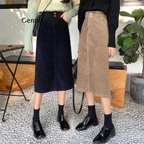 High Waist Midi Corduroy Side Slit Skirt Women A-line Loose Streetwear Skirts Female Pockets Denim Skirts 2021 Autumn Winter