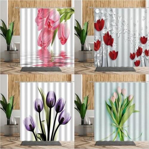 Pink Tulip Flower Shower Curtain Floral Leaf Print Bathtub Partition Waterproof Bath Cloth With Hook Bathroom Curtain Home Decor