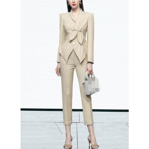 Fall Commute Sets For Women 2021 New Front Dovetail Special Design Bow Shawl Collar Suits Sets Swing Patchwork Two Pieces Sets