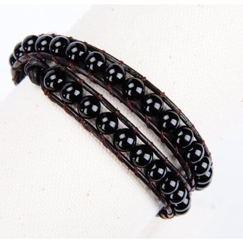 New 6mm round Black onxy Natural Stone Beaded Leather Bracelet Women Handmade 2 Wraped Bracelets Pulseiras Fashion Jewelry Gift
