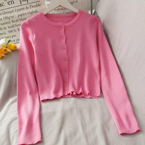 Women Single Breasted Solid Knitted Sweater Long Sleeve Round Neck Knitwear Cardigans 2021 Chic Short Tops