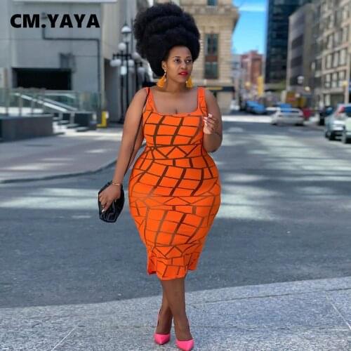 CM.YAYA Women Midi Dress Print Sleeveless Squarter Collar Stretchy Bodycon Dresses Fashion Casual Streetwear Summer Outfits 2021