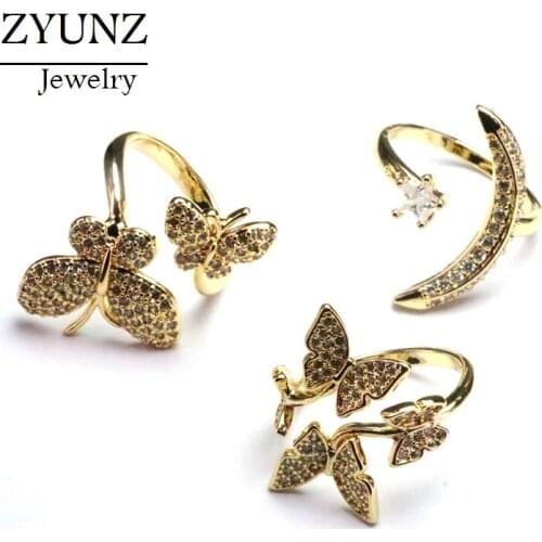 5PCS, CZ Micro Paved Butterfly Moon Adjustable Golden Finger Ring/Adjustable Rings/ Gold Color Ring