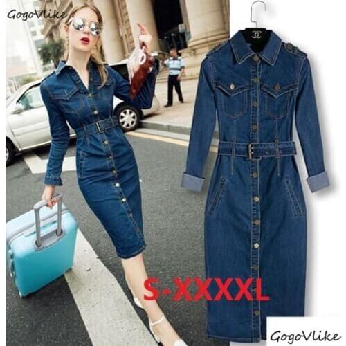 5XL 4XL Maxi Jeans Pencil Dress 2018 Women Denim Long Vestidos One-piece Cowboy Dress With Belt Women Blue Cotton Clothing S10