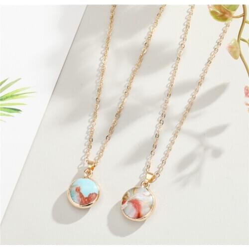 Dayoff 1PC Metal Round Color Stone Necklace For Womens Gift Jewelry Fashion Simple Geometric Pendant Necklaces Clavicel Chains