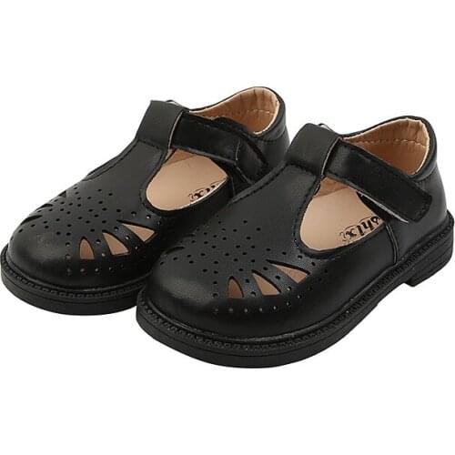Kids Shoes 2021 Spring Autumn Girls T Strap Shoes Hollow Outs Boys Shoes Breathable Leather Shoes For Children Baby Black 1-7y