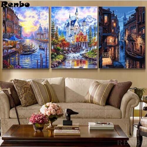 3 Pcs/Set Sailing Boat DIY Painting By Numbers diamond painting Cross Stitch Venice town Diamond Embroidery Diamond Mosaic sale