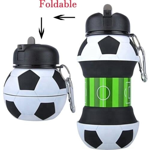 Creative Foldable Water Bottle Football Travel Collapsible Silicone Bottles with Straw Portable Sport Drinkware Water Bottle