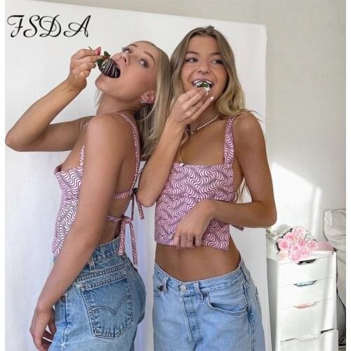 FSDA 2021 Backless Print Y2k Sleeveless Tank Tops Pink Bandage Off Shoulder Summer Crop Top Casual Sexy Fashion