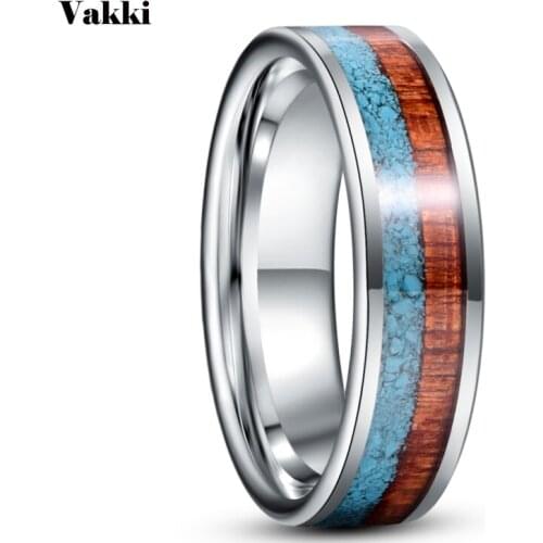 BONLAVIE 6mm Inlaid Turquoise Wood Grain Steel Color Tungsten Carbide Ring Mens Fashion Wedding Jewelry Best Gift