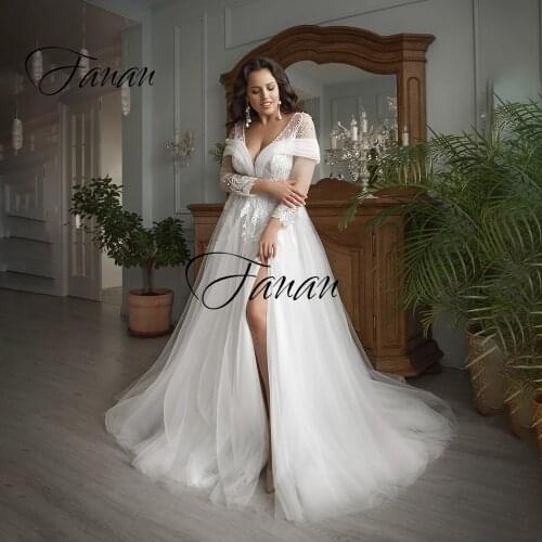 2021 New Sexy V-Neck Wedding Dress Beading Lace Appliques Sequined Front High Split Long Sleeve Bridal Gown robe de soirée