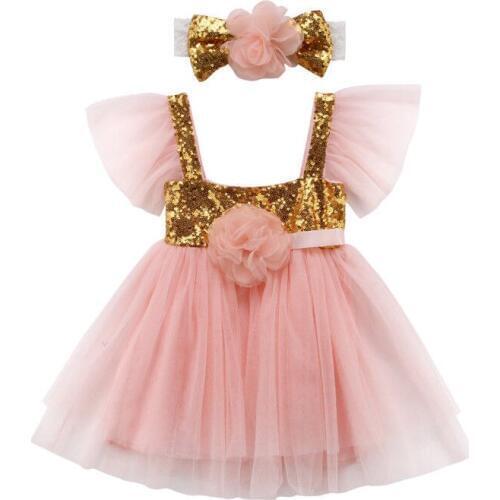 2019 Baby Girls Dress Outfits Sequins Tulle Dress + Headband Party Clothes Set 0-3T