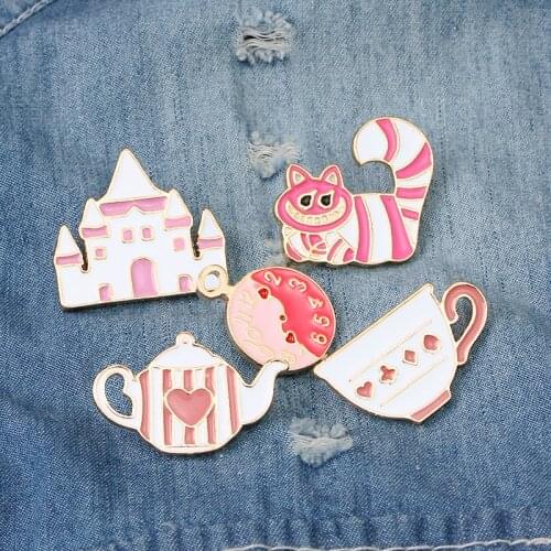 Cute Girls Gift Fairy Tale Alice in Wonderland Pin Brooch Palace Crown Teapot Cup Hat Enamel Badge Cute Girl Jewelry