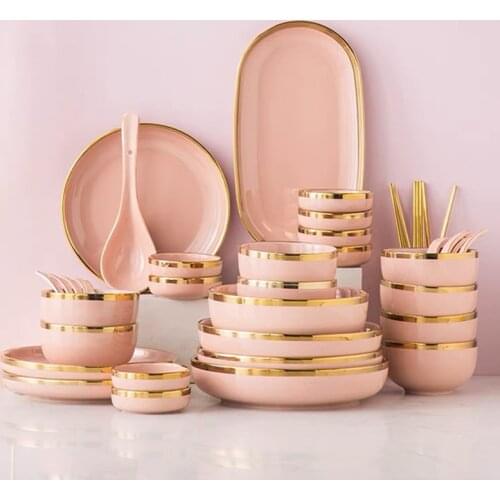 Pink Porcelain Tableware Dinner Plates Dishes Nordic Gold Inlay Ceramic Plate for Food Cake Plates Salad Soup Bowl Tableware Set