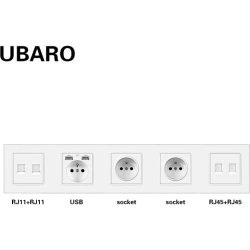 UBARO French Standard Tempered Glass Wall Socket With RJ45 RJ11 TV Signal Terminals Usb 5V 2A Plugs Home Outlet AC110-250V 16A