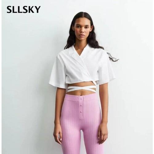 Sllsky Women T-shirt White Crop Top Fashion High Street Wrap Woman Tops Short Sleeve Blouse Casual Sexy Office Lady Shirt