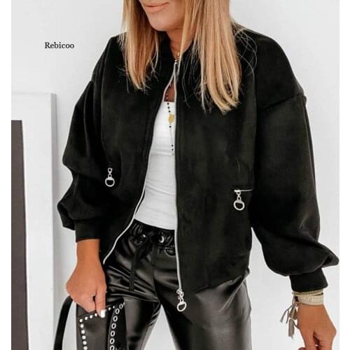 Autumn Khaki Zipper Womens Short Jacket Lantern Long Sleeve Stand Collar Pocket Female Coats Simple Streetwear Casual Lady Coat