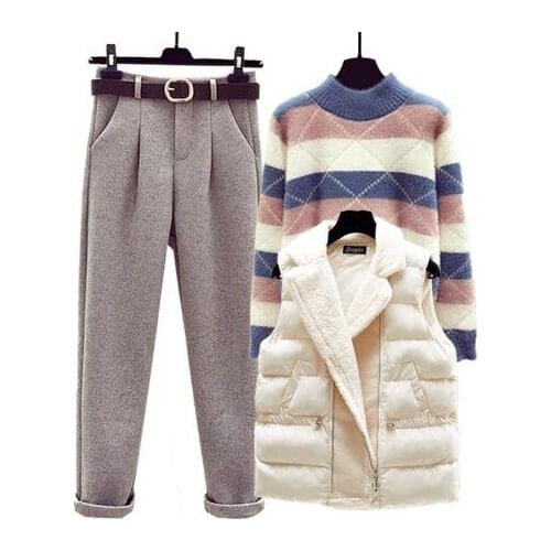 Women 2021 Autumn Winter Three-piece Sets Female Thick Warm Vest and Patchwork Sweater Tops Ladies Woolen Trousers Suits Q313
