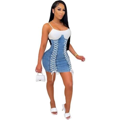 Spaghetti Strap Adjustable Draw String Bandage Elastic Cotton Denim Summer Bodycon Dress Vestidos Mujer Verano 2021 Robe Femme